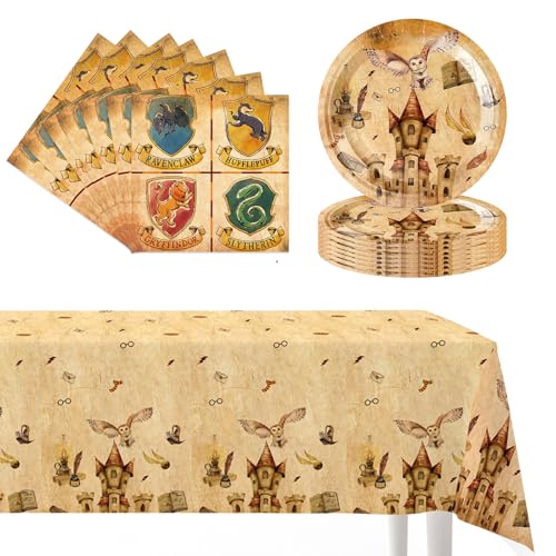 POPOYU 37Pcs Wizard Party Paper Tableware Set Wizard Party Plates Napkins Serviettes and Table Cloth Magic Birthday Table Decorations for Kids Magic Themed Party Supplies