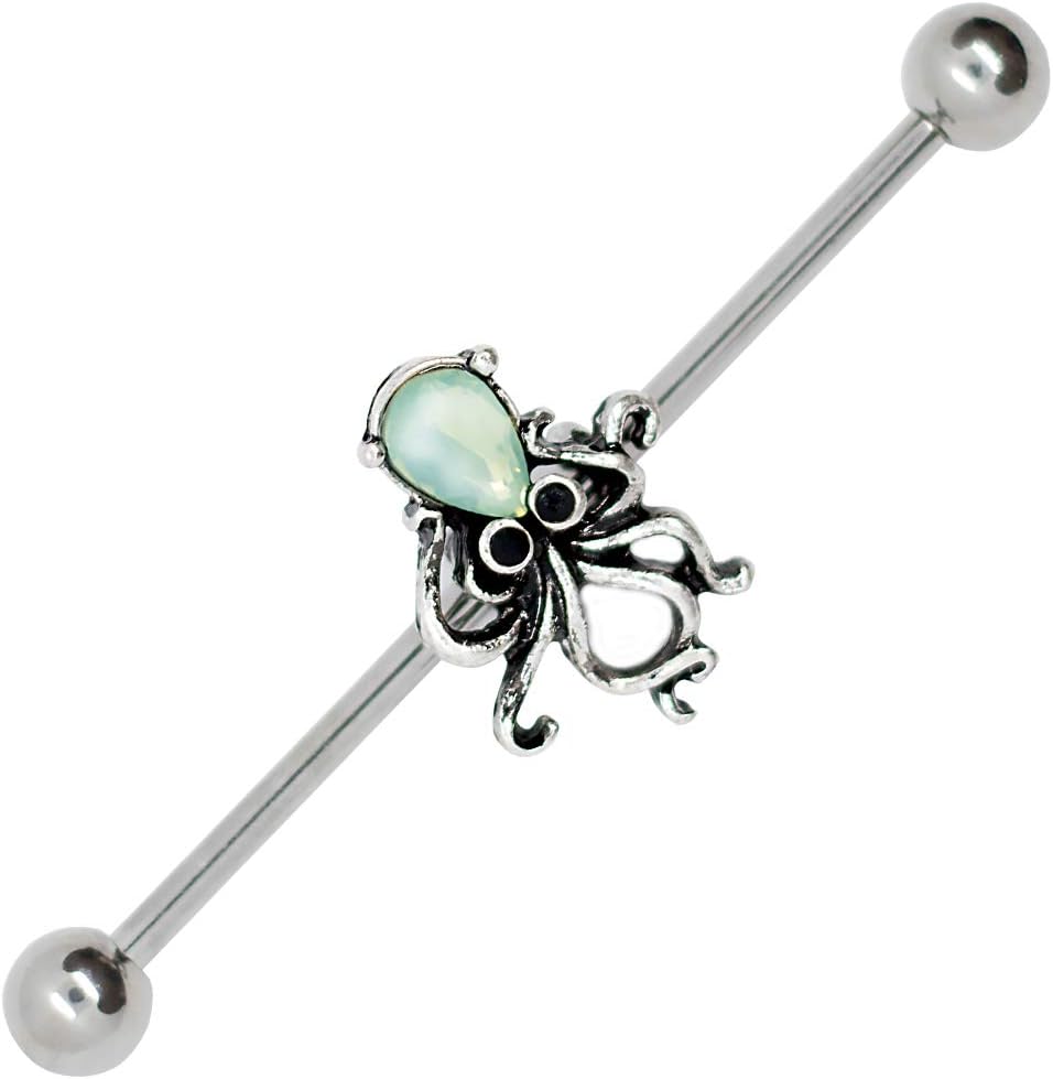 Pierce2GO Octopus Industrial Barbell Bar Ear Piercing - 316L Surgical Grade Stainless Steel with Aqua Stone - Barbell Ear Piercing Octopus Pendant for Women and Men Unisex
