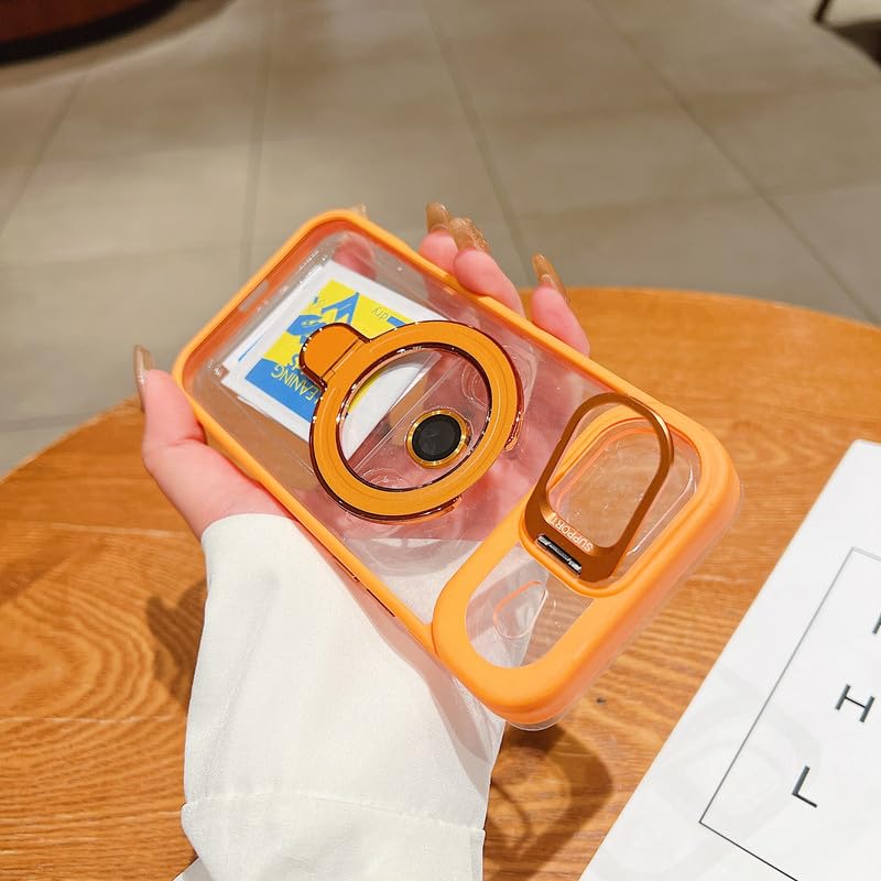 Image of LuxuryKase Magnetic Clear Case for iPhone Air | Metal Ring Stand | Camera Lens Protector Rings | Shockproof Hard PC Back | MagSafe Compatible | TPU Bumper - Orange