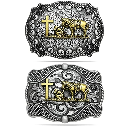 2 Pieces American Western Cowboy Belt Buckles, Mens Religion Cross Horse Horseman Silver Vintage Belt Buckle Small