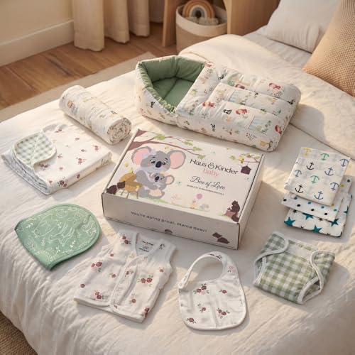 Image of haus & kinder Newborn Baby Shower Gift Set (Pack of 10) | 100% Cotton New Born Baby Essentials Kit with Swaddle, Muslin Blanket, Carrier Nest | Scarlet Edition