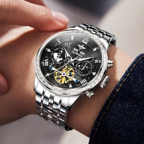 Image of OUPINKE Watch for Men Skeleton Self Winding Mechanical Automatic Luxury Dress Black Wrist Watch Waterproof Luminous Tungsten Sapphire Crystal
