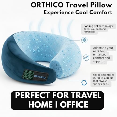 Image of Neck Pillow for Travelling with Cooling Gel Memory Foam, Ergonomic Travel Neck Pillow and Neck Pillow for Car, Compact Travel Pillow for Flight and Office Chair Support (Dark Brown)