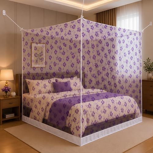 Image of Mosquito Net for King Size Bed & Double Bed, 6x7 Ft, Wall Hanging Machhardani, No Frame Required, Floral Vine Pattern, Premium Poly-Cotton Fabric, Soft Breathable Mesh for AC Rooms (Royal Purple Vine)