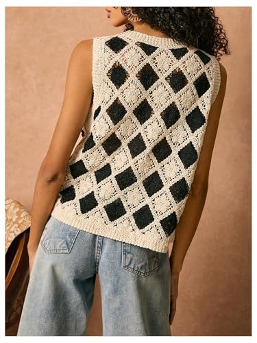 GORGLITTER Women's Crochet Vest Checkered Button Front Knit Boho Western Trendy 2025 Sweater Tank Top3
