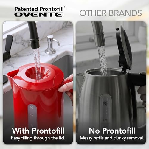 Image of OVENTE 1.8L Electric Kettle, BPA-Free with Easy-Fill Lid, Red KP413R | 1500W Fast Boiling Water Heater, Auto Shut-Off, Boil-Dry Protection, 360 Swivel Base, Clear-View Window, Removable Filter