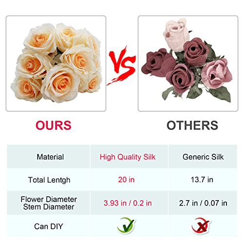 Kiecusoy 10Pcs Artificial Flowers Faux Roses Fake Silk Flowers Artificial Roses With Stem For Decoration, Wedding Party, Bouquet, Centerpiece, Garden, Home Decor (Champagne) #TOP4