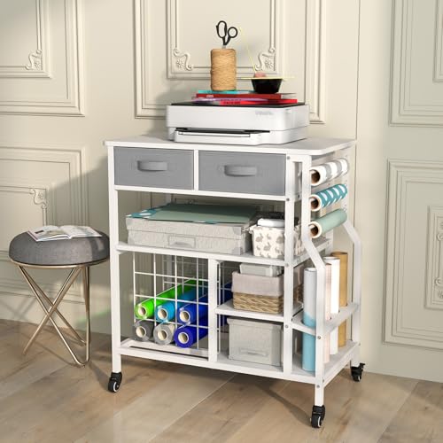 Image of Organization and Storage Rolling Craft Organizer Cart Compatible with Machine Cart with Drawers Vinyl Roll Holder Storage Cabinet for Home Craft Room