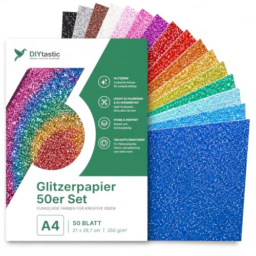 50x Papier pailleté au format A4 : Papier pailleté coloré de 250 g/m² - Idéal pour l'artisanat et la conception créative - Carton photo et papier d'imprimante pour papier kraft