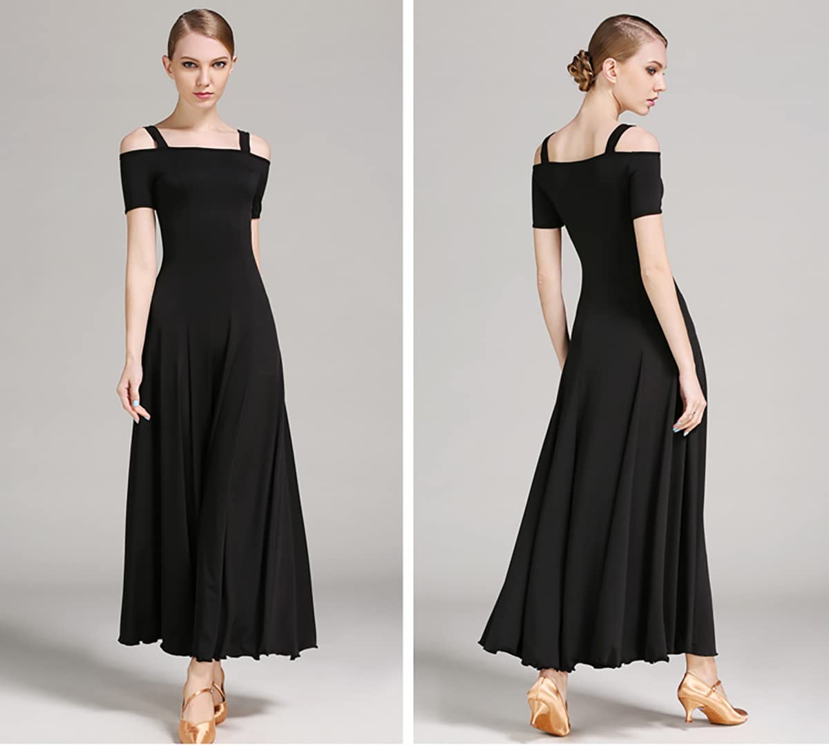Kobieta? moda seksowna sukienka na ramię solidna długa sukienka na imprezę elegancka sukienka nowoczesna walc ubrania do tańca balowego taniec duża spódnica swingowa odzież performance M