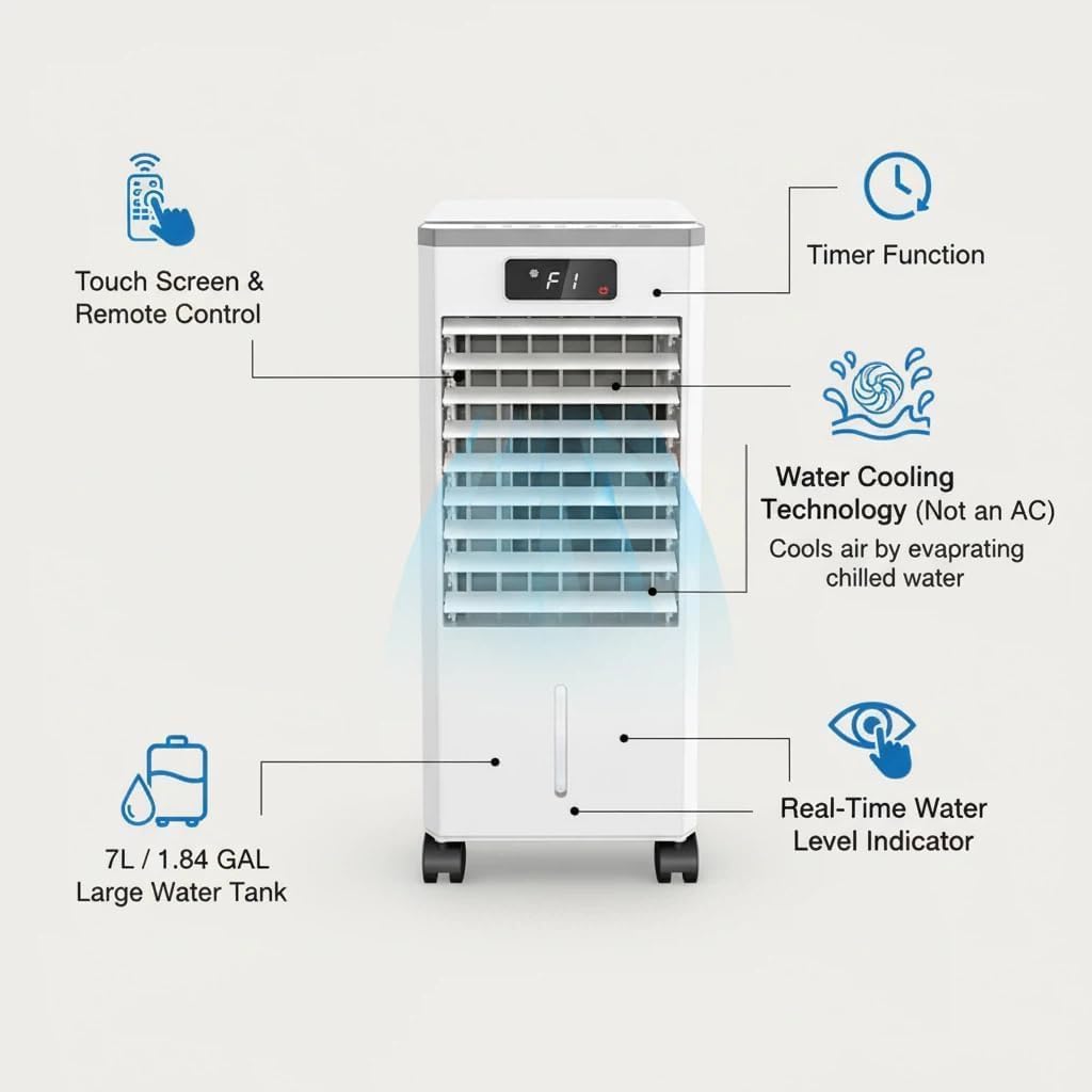 Portable 20 Inch Evaporative Air Cooler, 3-IN-1 Swamp Cooler Fan with 1.84 Gal Detachable Water Tank, 2 Ice Packs, 12H Timer, 120° Oscillation, Touch & Remote Control, 3-Speed & 3-Side Cooling Pads