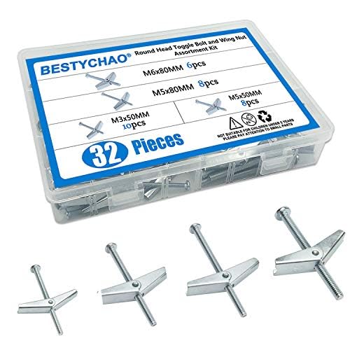 TOP-VIGOR 32Pcs Plasterboard Fixings, M3/M5/M6 Wing Spring Toggle Bolts and Drywall Screws, Hollow Anchors Kit