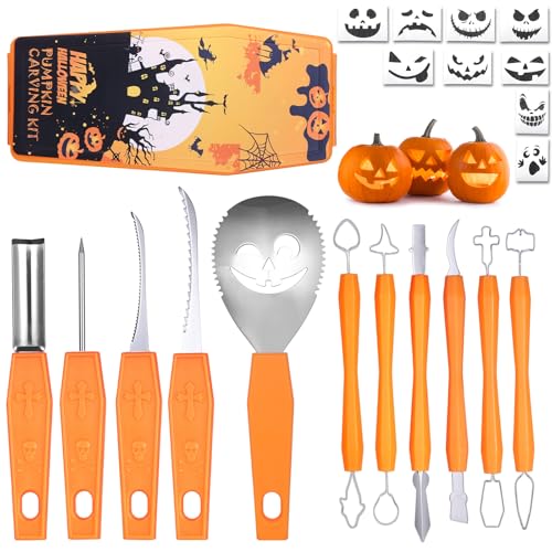 Cosmeti Herramientas Para Esculpir Calabazas De Halloween, Kit Para Esculpir Calabazas De 11 Piezas Con Bolsa De Transporte Y 10 Plantillas Para Esculpir, En Caja, Todo En Uno- Naranja