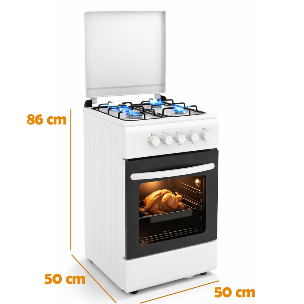 BAKAJI Cucina da Esterno Alimentazione a Gas con Forno e 4 Fuochi, Cucinino con Bruciatori e Griglie Rimovibili in Ghisa con Mobile e Accensione Ergonomica, Ideale per Esterni ed Interni (Bianco)