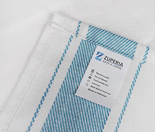 Zuperia Classic Kitchen Towels - 32 Pack - 15" X 26" - 100% Cotton Kitchen Dish Towels - Reusable Cleaning Cloths - Blue Tea Towels - Washable Hand Towels & Dish Towel (Green Striped) #TOP6