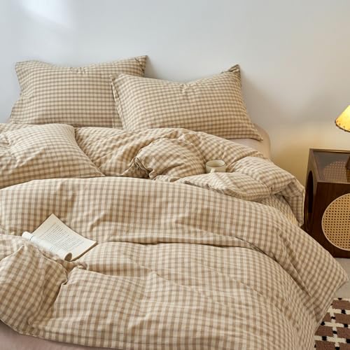 Image of EAVD Vintage Style Brown&Beige Plaid Duvet Cover Twin Soft 100% Washed Cotton Chic Checkered Gingham Bedding Set with 2 Pillowcases Farmhouse Brown Gingham Duvet Cover with Zipper Closure