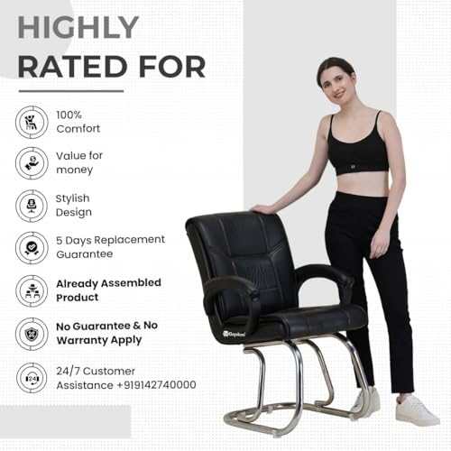 Image of Special Director Principal Office Visitor Study with arm Rest and Cushioned seat Back, Chair Without Wheels, Holds Upto 125 kg Chair (4, Black, Double Pipe Chrome Frame)