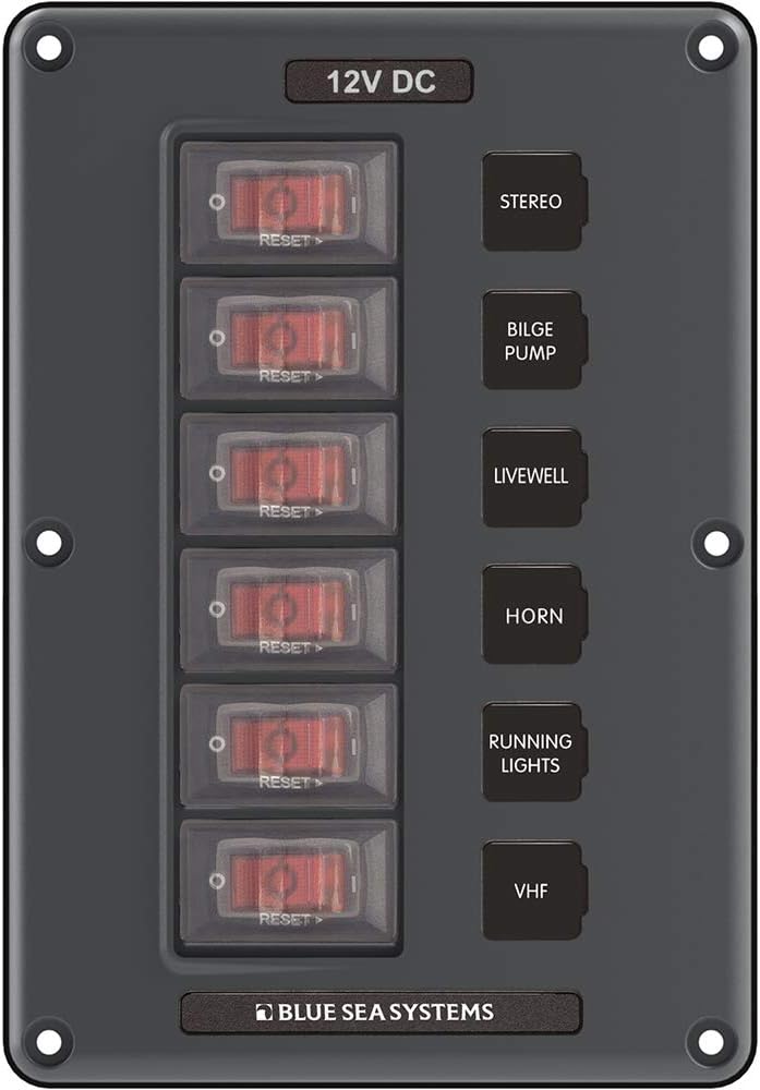Blue Sea Systems 4322 Panel de interruptores de circuito resistente al agua, gris, 6 posiciones