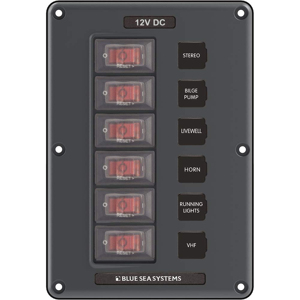 Blue Sea Systems 4322 Water-Resistant Circuit Breaker Switch Panel, Gray, 6 Positions