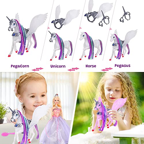 Yellow River Color Changing Unicorn & Princess Doll, Color Change On Whole Unicorn Under Sunshine, 12'' Doll And 11'' Unicorn Toys & Gifts With Removable Saddle & Wings, Unicorn Gift For Girls #TOP2