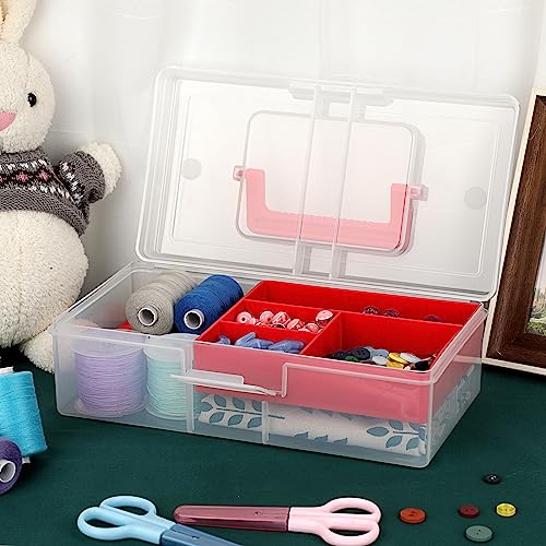 Image of BTSKY Clear Plastic Storage Box with Removable Tray Multipurpose Stationery Storage Box with Handle Handy Sewing Box Art Craft Supply Organizer Home Utility Box (Red)