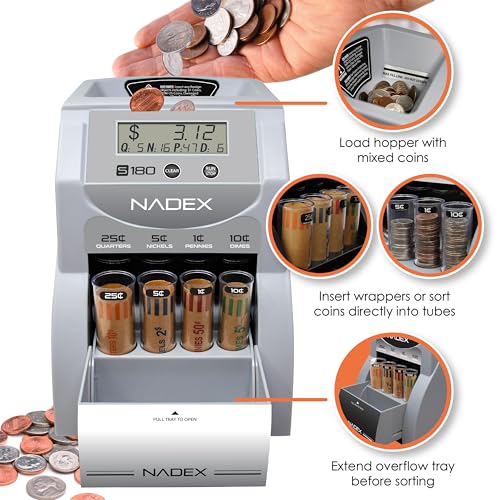 Nadex S180 Digital Coin Counter, Sorter,and Wrapper - Automatically Sorts and Counts Coin Batches, Stops on Full Coin Rolls, Silver
