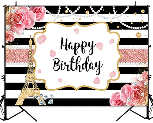 Sensfun Paris Birthday Backdrop Eiffel Tower French Theme Birthday Photo Background 7X5Ft Pink Roses Ooh La La Black White Stripes Floral Happy Birthday Backdrops Decorations #TOP3
