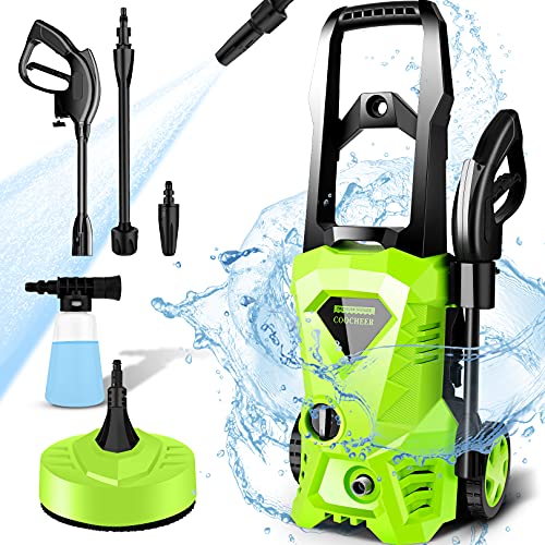 Lavadora de Alta presión COOCHEER (1650w, presión máx.: 135 Bar, caudal máx.: 420 l/h, 3X boquillas) con Limpiador de Patios, Manguera de Alta presión de 5 m, Cable de 5 m, Ideal para Coches Cover