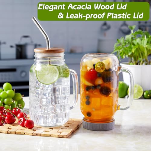DRASTAR 24oz Iced Coffee Cups Set of 4, Mason Jar Cups, Glass Cups with Lids and Straws, Mason Jars with Handles, Mason Jar Drinking Glasses