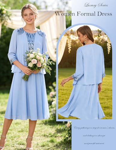 Image of GRACE KARIN Formal Wedding Guest Dress Sequin Mother of The Bride Dresses | Two Piece,3 /4 Sleeve,Tea Length,Crew Neck,Fit and Flare,Chiffon,Suitable for Spring /Summer /Fall /Winter /Cocktail /Party /Prom