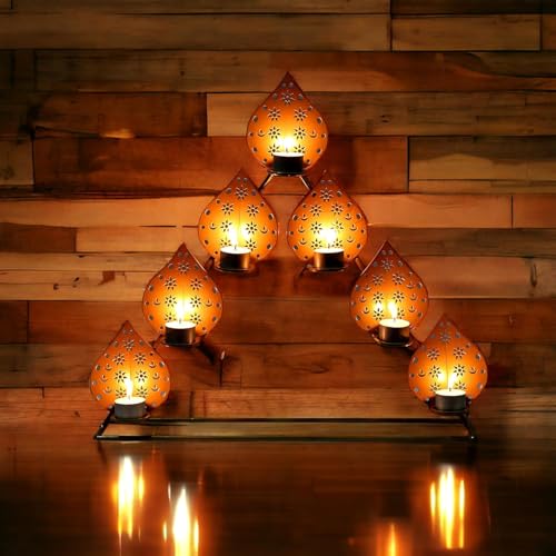 Image of METSY Stylish Metal Cutting Edge Candle Light Holder Leaf in Rectangular Shape | Metal Art | Home Decor Items (Golden Triangular) (Golden Triangular)