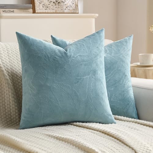 Image of FUTEI Pack of 2 Velvet Throw Pillow Covers 18x18 Inch Soft Embossed Leaf-Relief Textured Decorative Cushion Cases Modern Natural Farmhouse Accent for Couch Bed Living Room, Grey Blue
