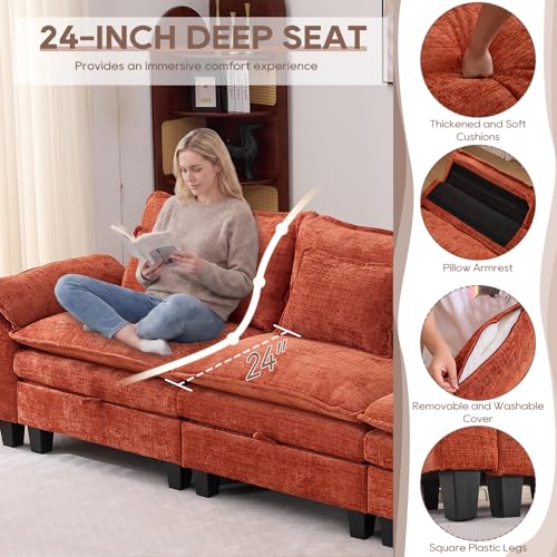 Image of IPKIG 151 inch Modular Cloud Couch with Storage, U Shaped Sectional Sofa with Ottoman & Pillow, Chenille Deep Seat Sectional Couches for Living Room, Apartment, Orange