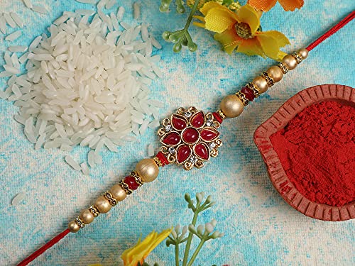 Image of Riddhika Ventures Stylish Kundan and AD Ring Rakhi with Roli Chawal and Greeting Card
