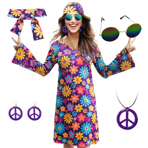 MRYUWB Damen-Hippie-Kleid, 1970er-Kostüm, mit Halskette, Ohrringen, Sonnenbrille, Disco-Outfit, 1960er-Party-Kostüm, Halloween Retro-Kleid, Violett,...