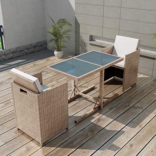 KCCKOM Garden Furniture Set 3 Piece Bistro Set with Cushions Poly Rattan Beige