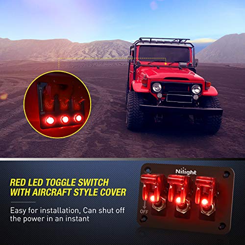 Nilight 3 Gang Toggle Switch 12V Rocker Switch Panel with LED Light and Flip Cover Heavy-Duty ON/Off Switch Plate 3 Pin SPST,2 Years Warranty