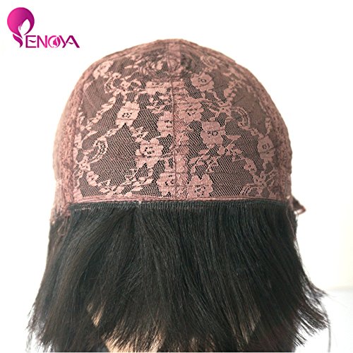 Enoya Human Hair Bob Wigs with Bangs Brazilian Yaki Machine Made Glueless Short Wigs (12" Color#1b)