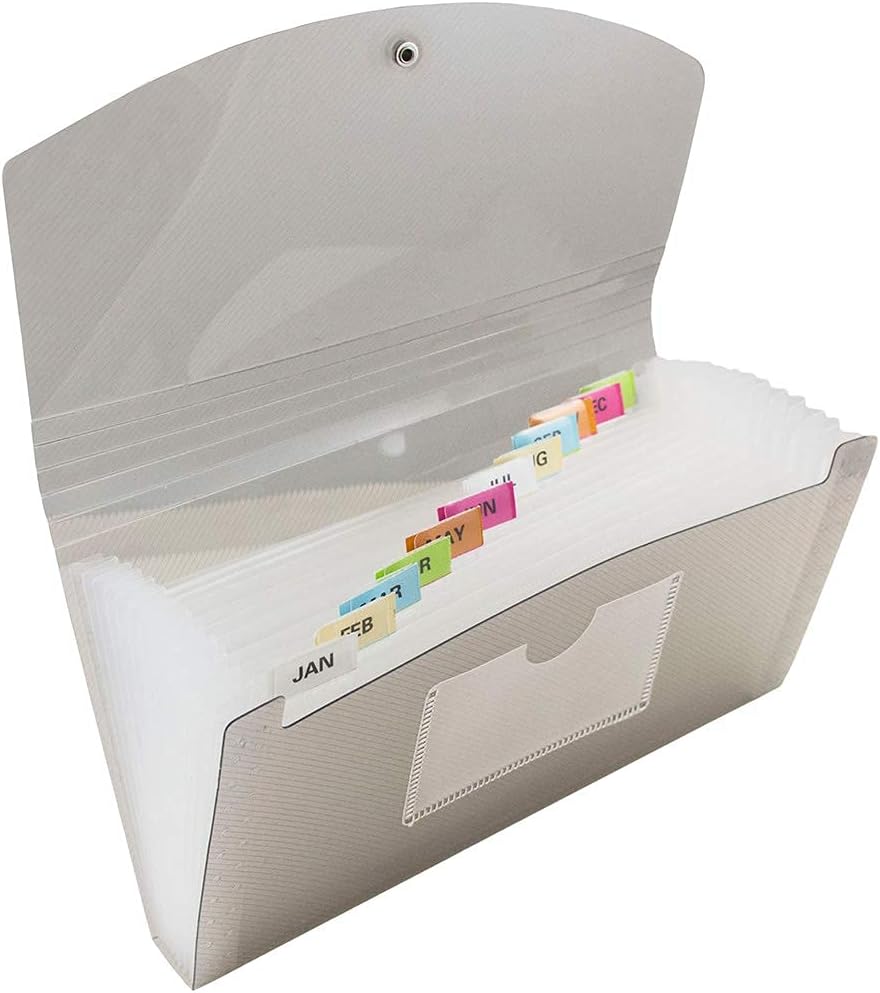 JAM PAPER 13 Pocket Expanding File with Button & String Closure - Accordion Folder - 127 x 266.7 mm - Smoke Gray - Sold Individually