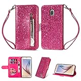 Artfeel Reißverschluss Brieftasche Hülle für Samsung Galaxy J5 2017/J530, Bling Glitzer Leder Handyhülle mit Kartenhalter,Flip Magnetverschluss Stand Schutzhülle mit Tasche und Handschlaufe-Rose Rot