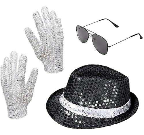 Pop Star Costume Halloween costume for adult Rock Super Star Cosplay Accessories Sequin Gloves Black Fedora Hat Sunglass for 80s 90s Themed Halloween costume