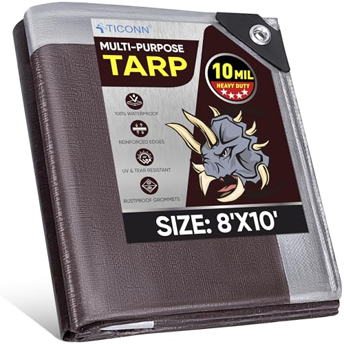 TICONN Heavy Duty Tarp Cover, Extra Thick Tarps Waterproof Tear and Rip Proof UV Resistant Tarpaulin with Reinforced Grommets and Edges (10 Mil, 8'x10') Brown-10 Mil 8'x10'