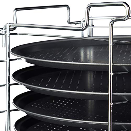 Relaxdays Pizzablech im 4er Set HBT: 20 x 32 x 32 cm Pizzabäcker-Set mit 4 Backblechen und Ständer als Pizza-Backblech und Flammkuchen Blech rundes Pizzabackblech mit Antihaftbeschichtung, anthrazit