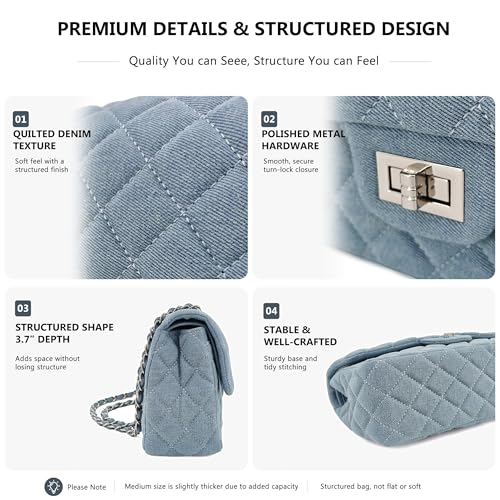 Image of M-ioi-M Quilted Denim Crossbody Bags for Women, Chain Strap Shoulder Bags, Medium Double Flap Purse, Gold Hardware Jean Purse