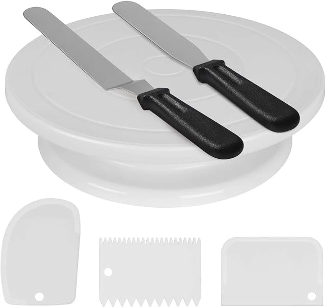 Kootek Cake Decorating Kit Baking Supplies Cake Turntable with 2 Frosting Straight Angled Spatula 3 Icing Smoother Scrapers Baking Accessories Tools for Beginners and Pros, White
