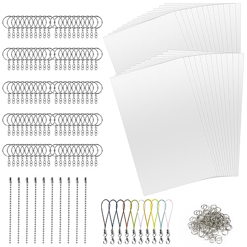 Mkitnvy Schrumpffolie Set 245 Stück, Schrumpffolie zum Basteln,Inklusive A4 Schrumpfpapier,Schlüsselanhänger,geteiltem Verschluss,Karabinerverschluss,Perlenkette,Transparente grobe Membran