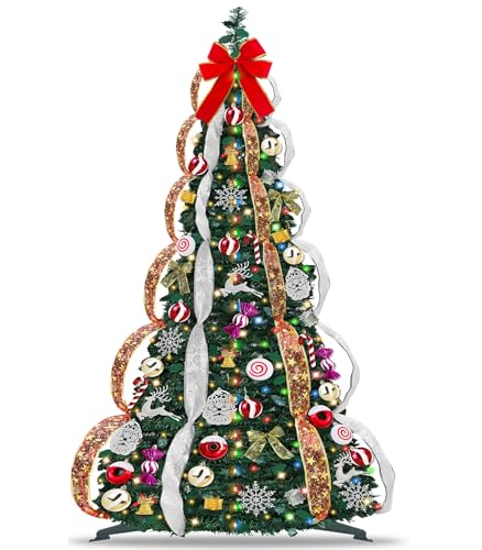 6.5 FT Prelit Pop Up Christmas Tree with 220 Warm White & Multicolor Lights 8 Modes & Timer Fully Decorated 103 Ornaments, Collapsible Pull Up Christmas Tree with Lights for Indoor Home Party Decor