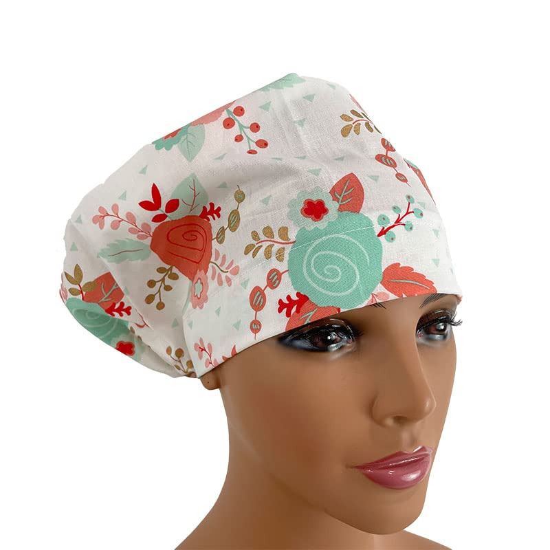 European Style Scrub Cap No Ribbon – White & Pastel Floral. - Scrub Hat for Women & Men tie Back | Working Cap with Holder. Unisex Surgical Caps, Nurses Hats | Dr. Hats