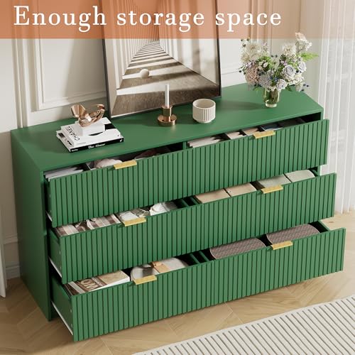 Image of Furniway Green Dresser for Bedroom, Modern Dresser with 6 Drawers and Smooth Slides, Wide Chest of Drawers with Golden Handles for Bedroom, Living Room, Closet, 15.7 inch D x 55.1 inch W x 31.4 inch H