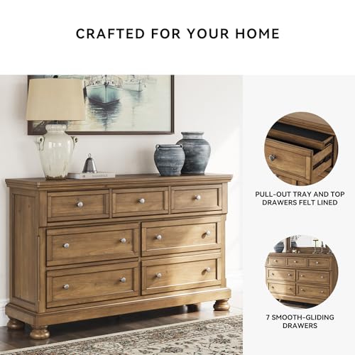 Image of Signature Design by Ashley Glarrison Dresser for Bedroom, 7 Drawer Dresser with Hidden Jewelry Tray, Poplar Solids Pine Veneer and MDF Substrate, Classic Master Suite Storage, Medium Brown